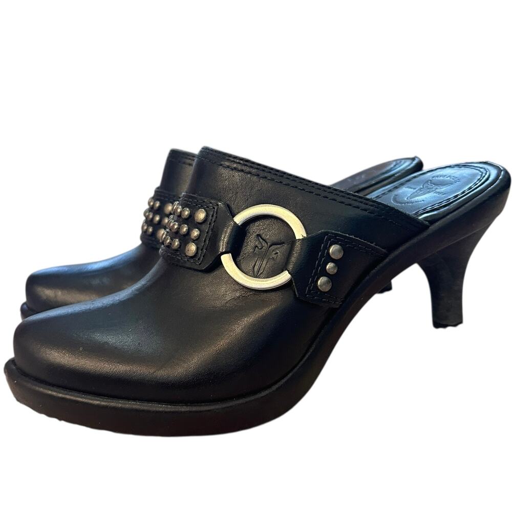 Frye‎ Shelby Black Studded Ring Mule Clogs Heeled Slip-On Leather Western Boho